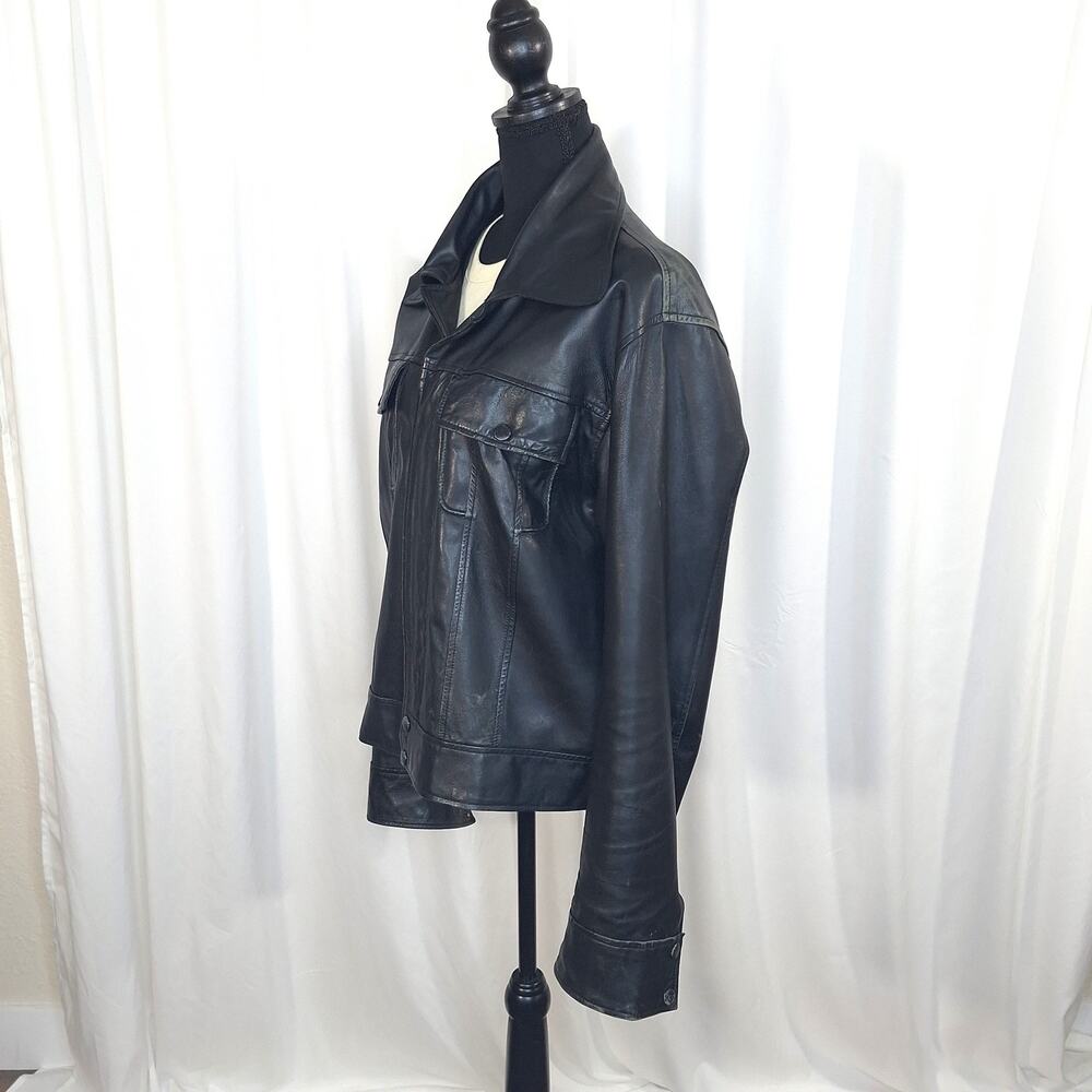 Leather Cult Jacket Mens Unisex Medium Black Genuine Leather Biker Vintage Moto - Picture 4 of 15